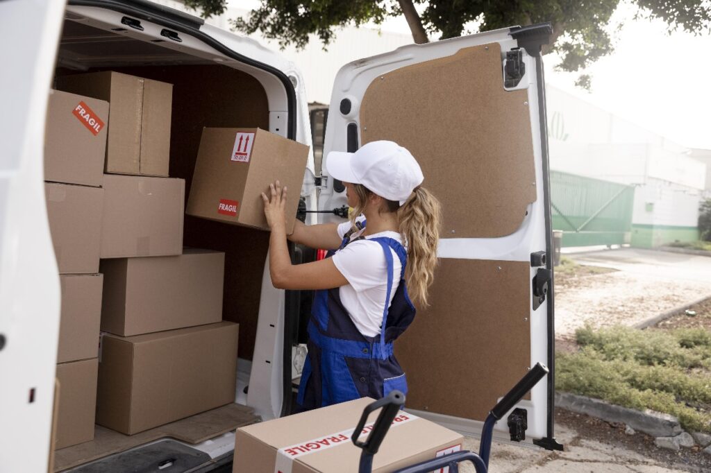 Umzugskartons werden in einen Transporter verladen